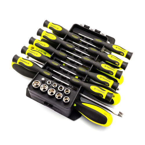 Black and acid yellow screwdriver set in organizer box