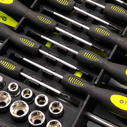 Black and acid yellow screwdriver set in organizer box